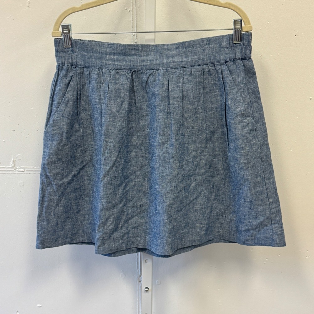 LOFT Outlet Blue Linen Blend Chambray Mini Skirt Elastic Back Pockets Size Med